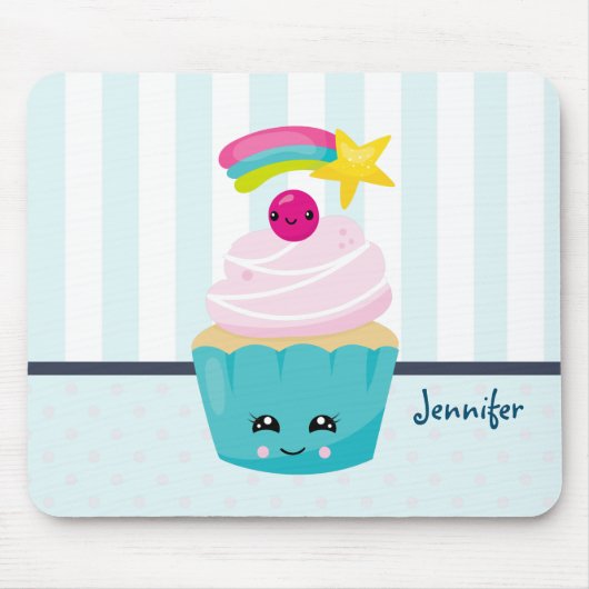 Cute Blue Cupcake met Kawaii Face Muismat (Voorkant)