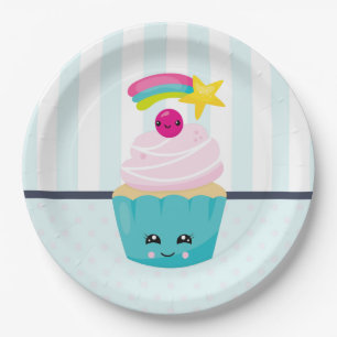 Cute Blue Cupcake met Kawaii Face Papieren Bordje