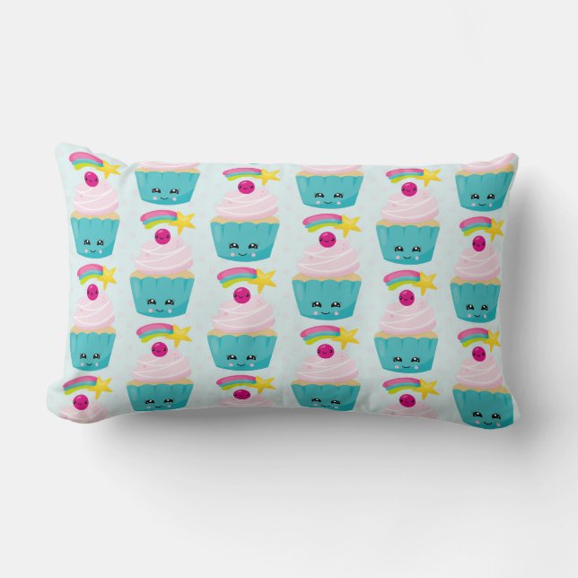 Cute Blue Cupcake met Kawaii Face Pattern Kussen (Voorkant)