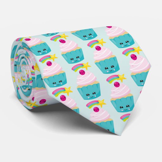 Cute Blue Cupcake met Kawaii Face Pattern Stropdas (Opgerold)
