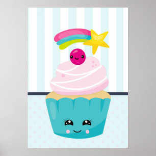 Cute Blue Cupcake met Kawaii Face Poster