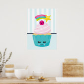 Cute Blue Cupcake met Kawaii Face Poster (Keuken)