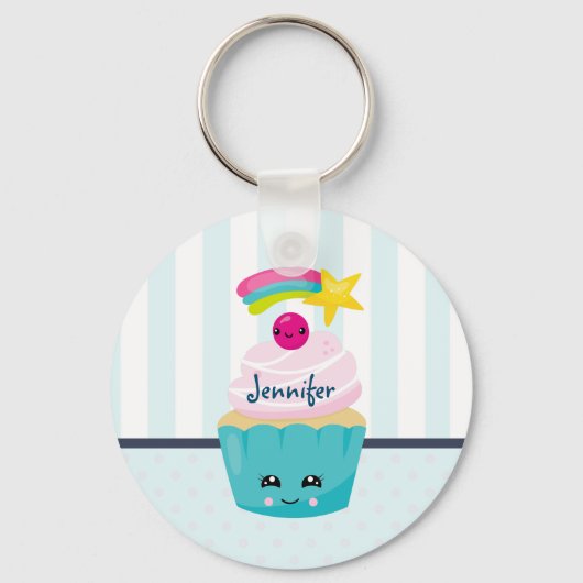 Cute Blue Cupcake met Kawaii Face Sleutelhanger (Voorkant)