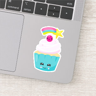 Cute Blue Cupcake met Kawaii Face Sticker