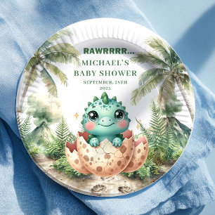 Cute Blue Dino Baby Shower Komt Eerder Borden Papieren Bordje
