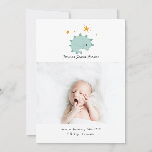 Cute Blue Dinosaur Boy Baby Foto Birth Aankondiging (Voorkant)