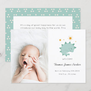 Cute Blue Dinosaur Boy Baby Foto Birth Aankondiging