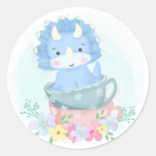 Cute Blue Dinosaur in Teacups Ronde Sticker