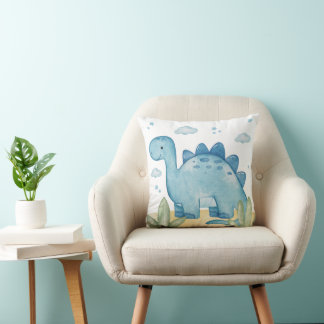Cute Blue Dinosaur Nursery Throw Pillow Watercolor Kussen