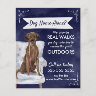 Cute Blue Dog Walker Flyer met Swirls en banner