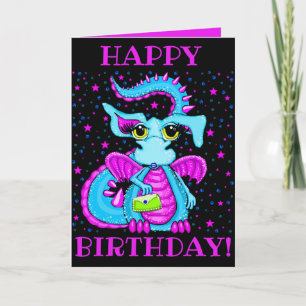 Cute Blue Dragon Cartoon Personalized Birthday Kaart