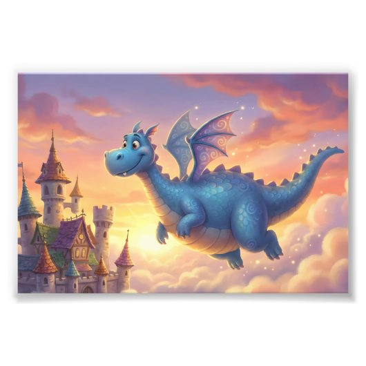 Cute Blue Dragon Flying Over Castle  Foto Afdruk (Voorkant)