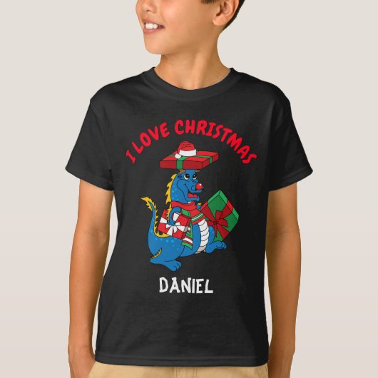 Cute Blue Dragon I Love Kerstmis T-Shirt (Voorkant)