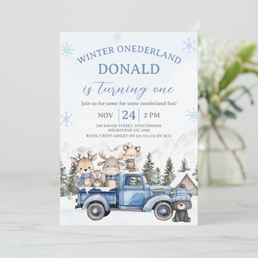 Cute Blue Editiable Winter Onederland Birthday  Kaart (Staand voorkant)