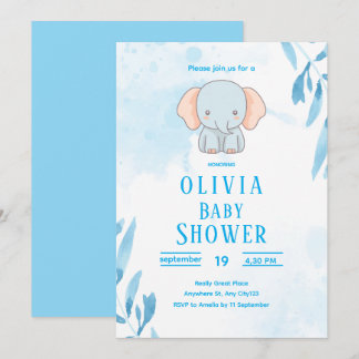Cute Blue Elephant Baby Shower Kaart