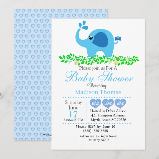 Cute Blue Elephant Boy Baby shower Invitation Kaart (Voorkant / Achterkant)