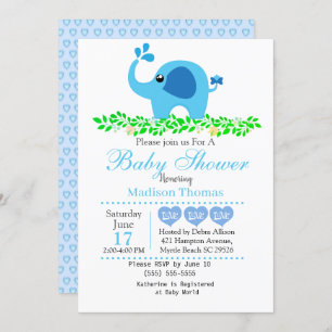 Cute Blue Elephant Boy Baby shower Invitation Kaart