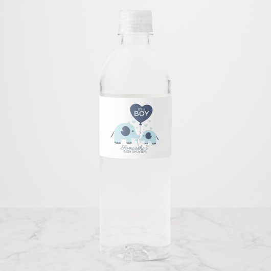 Cute Blue Elephant Boy Baby shower Waterfles Etiket (Voorkant)