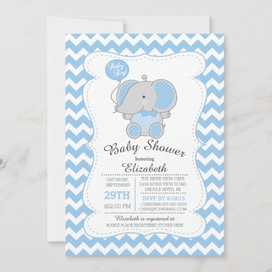Cute Blue Elephant Boys Baby shower Invitation (Devant)