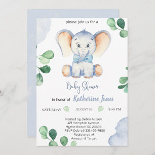 Cute Blue Elephant Boys Baby shower Kaart