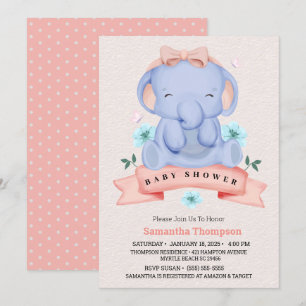 Cute Blue Elephant Girls Coral Baby shower Kaart