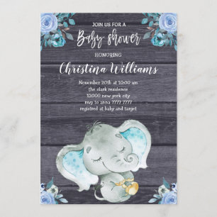 Cute Blue Elephant Rustic Boy Baby shower Kaart
