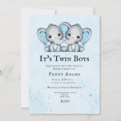 Cute Blue Elephant Twins Baby Shower Invitation (Devant)