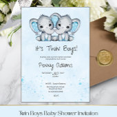 Cute Blue Elephant Twins Baby Shower Invitation