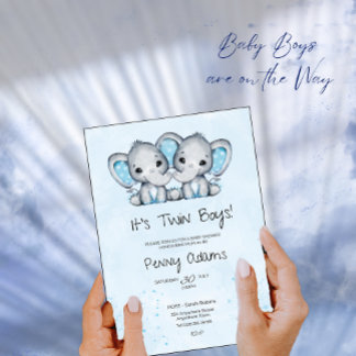 Cute Blue Elephant Twins Baby Shower Invitation