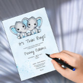 Cute Blue Elephant Twins Baby Shower Invitation Bedankkaart