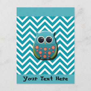 Cute Blue en Green Owl op Blue and White Chevron Briefkaart