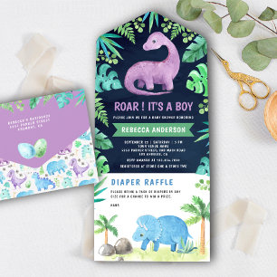 Cute Blue en Paars Dinosaur Navy Baby shower All In One Uitnodiging
