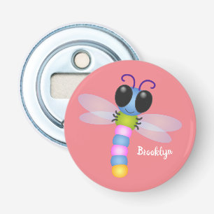 Cute blue en roze dragonfly cartoon illustratie button flesopener