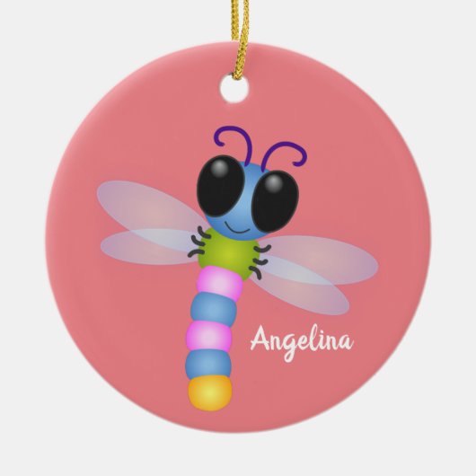 Cute blue en roze dragonfly cartoon illustratie keramisch ornament (Voorkant)