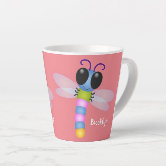Cute blue en roze dragonfly cartoon illustratie latte mok (Rechterhoek)