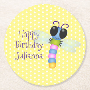 Cute blue en roze dragonfly cartoon illustratie ronde kartonnen onderzetter