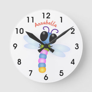 Cute blue en roze dragonfly cartoon illustratie ronde klok