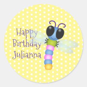 Cute blue en roze dragonfly cartoon illustratie ronde sticker