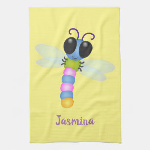 Cute blue en roze dragonfly cartoon illustratie theedoek