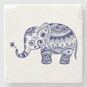 Cute Blue Floral Elephant Illustratie Stenen Onderzetter