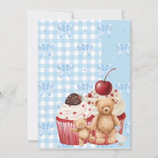 Cute Blue Gingham Teddy Bear & Ribbon Kaart