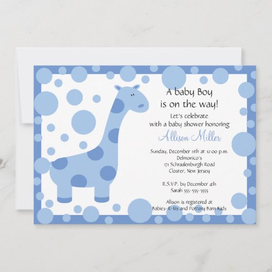 Cute Blue Giraffe Boy Baby shower Invitation (Devant)