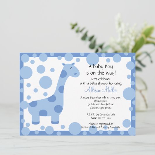 Cute Blue Giraffe Boy Baby shower Invitation Kaart (Staand voorkant)