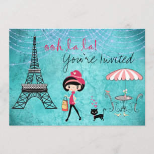 Cute Blue Girl and Cat Paris Invitation d'annivers