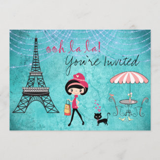 Cute Blue Girl and Cat Paris Invitation d'annivers