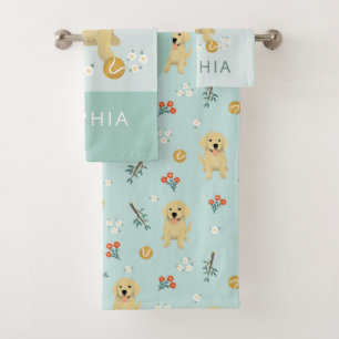 Cute Blue Golden Retriever Dog Monogram Bad Handdoek