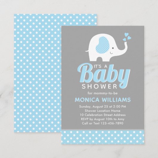 Cute Blue Gray Boy Baby shower Invitation Elephant Kaart (Voorkant / Achterkant)