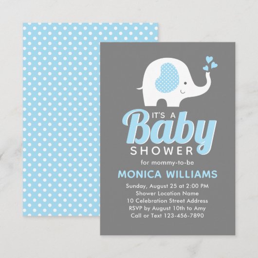 Cute Blue Gray Boy Elephant Baby shower Invitation Kaart (Voorkant / Achterkant)