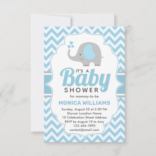Cute Blue Gray Elephant Boy Baby shower Kaart (Voorkant)