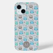 Cute Blue Gray Owl Pattern Monogram Case-Mate iPhone Case (Achterkant)